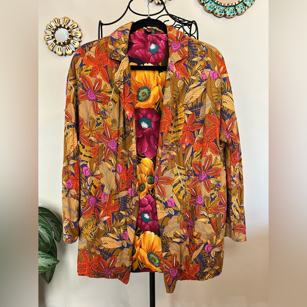 Farm Rio Boho Floral Open Front Light Blazer Kimono Small Reversible? Pockets